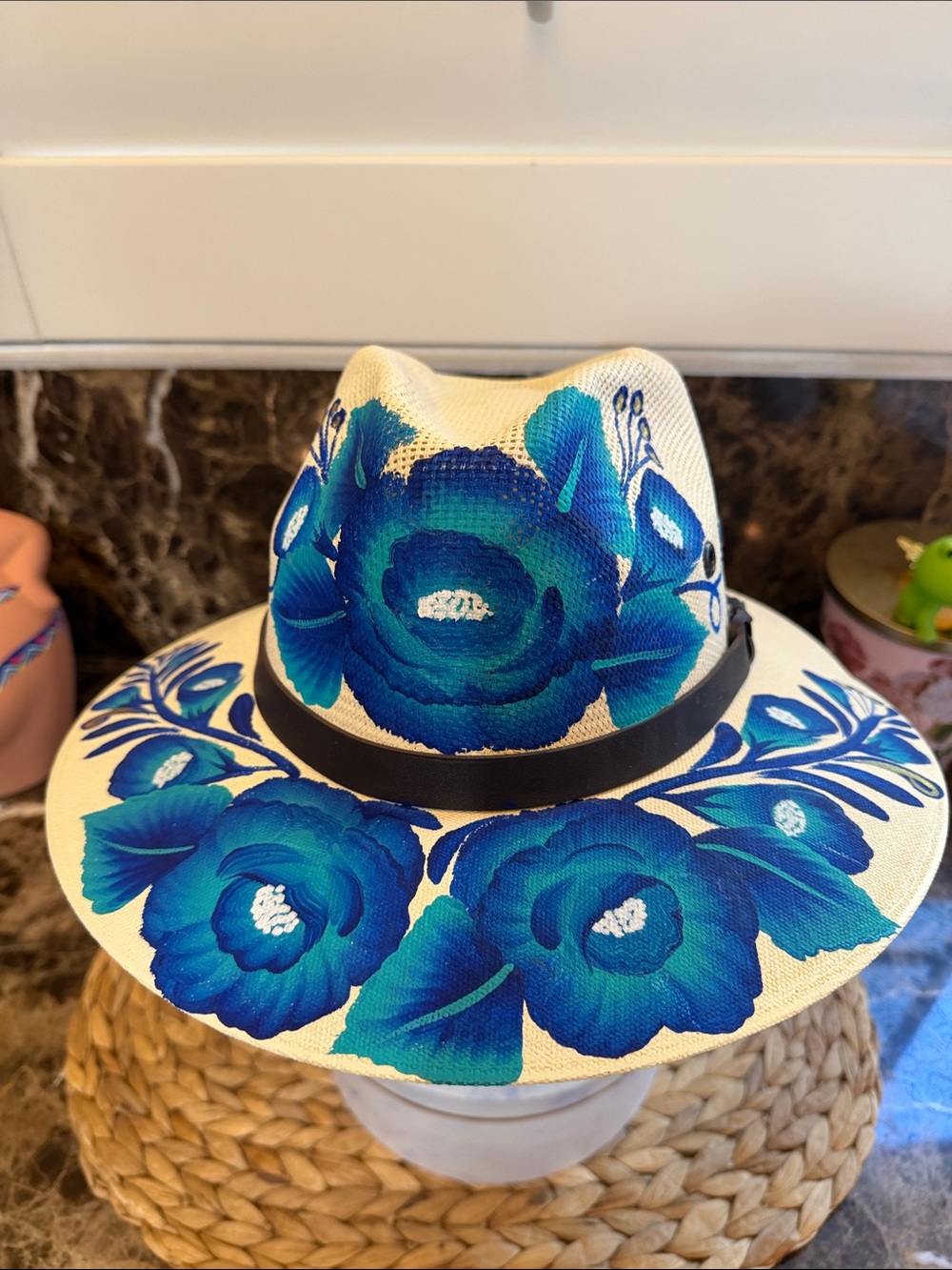 Hand painted-Structured Straw Hat w/Leather Trim-Sz L